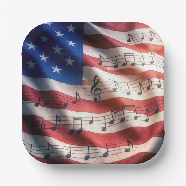 Plato De Papel American Flag With Musical Notes (Anverso)