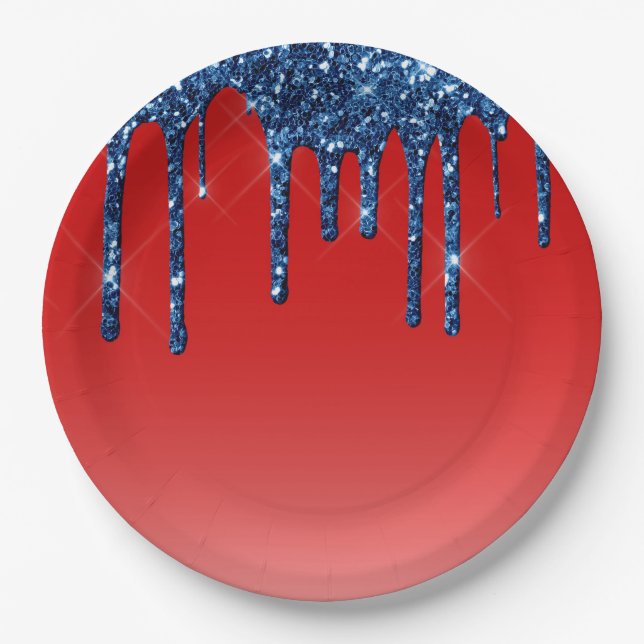 Plato De Papel Americana Red Blue Glitter Drip (Anverso)