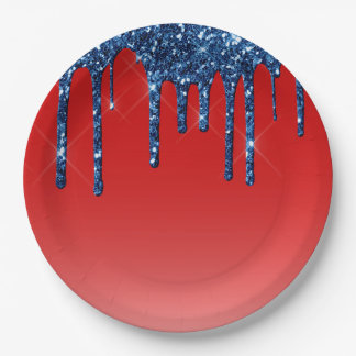 Plato De Papel Americana Rojo Azul Brillo Goteo