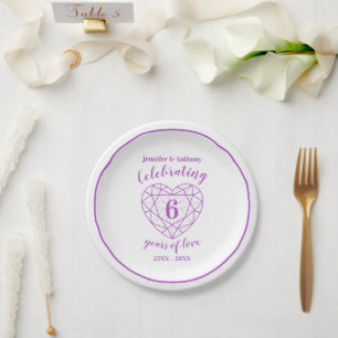 Plato De Papel Amethyaniversario 6 años blanco personalizado