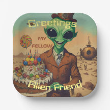 Amigable Alien con torta de cumpleaños