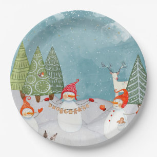 PLATO DE PAPEL AMIGOS DE SNOWMAN Y WOODLAND EN WINTER WONDERLAND