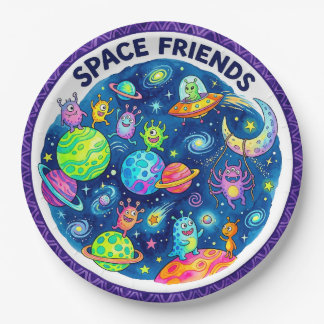 Plato De Papel "Amigos del Espacio" Alienígenas y Planetas Lindos