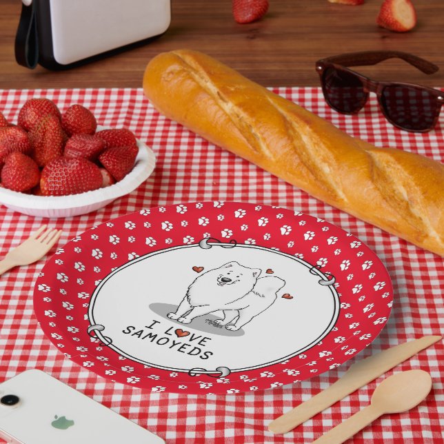 Plato De Papel Amo a Samoyeds - corazones lindos de perro Sammie  (Picnic)
