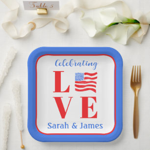 Plato De Papel Amor Acuarela Bandera Americana NOMBRE Boda