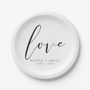 Plato De Papel AMOR Blanco y Negro Minimalista Boda Moderna