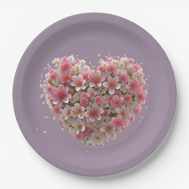 Plato De Papel Amor Celebración Corazón Floral (Anverso)