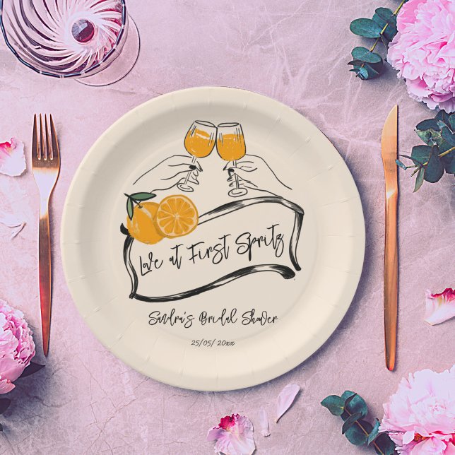 Plato De Papel Amor en la primera ducha de naranja retro de espri (Love at first spritz retro orange bridal shower template paper plates personalized tableware decor)