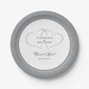 Plato De Papel Amor Eterno Elegante Corazones de Boda Grises y Bl