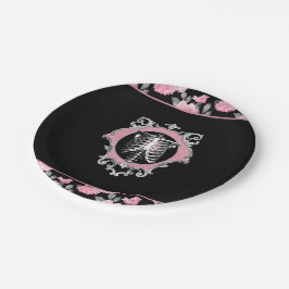 Plato De Papel Amor gótico | Floral cardíaca rosa y negra de esqu