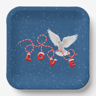 Plato De Papel AMOR Navidad Paloma Blanca en Copos de Nieve