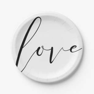 Plato De Papel AMOR Negro Blanco Tipografía Moderna Boda Fiesta