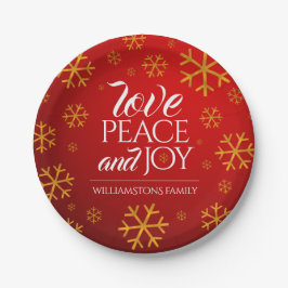 Plato De Papel Amor rojo festivo, paz y alegría con copos de niev