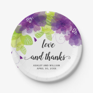 Plato De Papel Amor y gracias a las flores moradas, boda floral