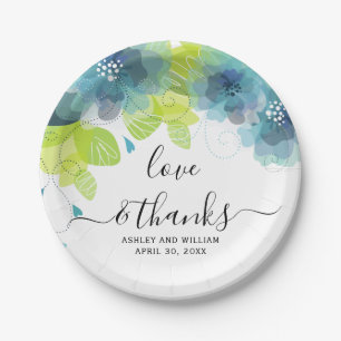 Plato De Papel Amor y gracias flores azules, boda floral