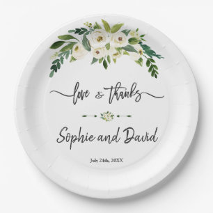 Plato De Papel Amor y gracias por la escritura floral blanca a ma