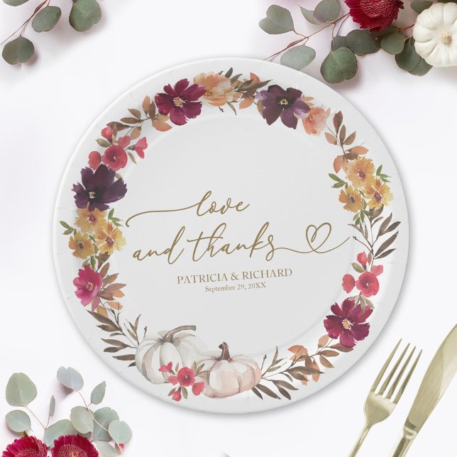 Plato De Papel Amor Y Gracias Pumpkin Burgundy Floral Boda (Subido por el creador)