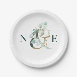Plato De Papel Ampersand Monogram Gold Green Boda