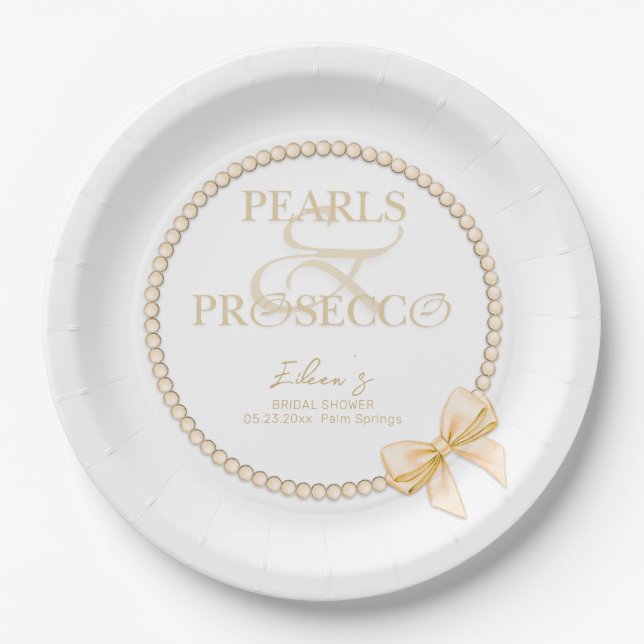Plato De Papel Ampersand White Pearls Prosecco Bow Bridal Shower (Anverso)