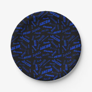 Plato De Papel Añadir cualquier nombre o palabra Azul y negro