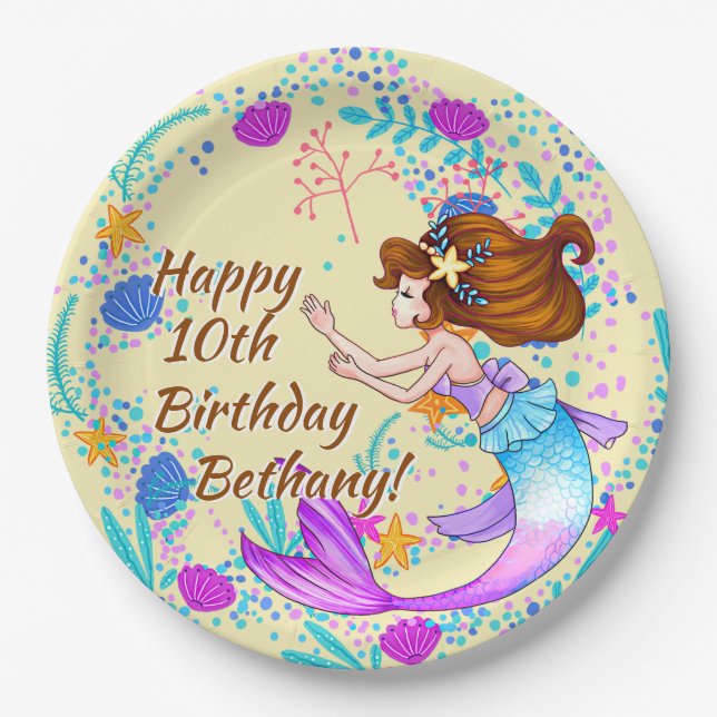 Plato De Papel Añadir nombre a Mauve de sirena de pelo marrón a F (Anverso)