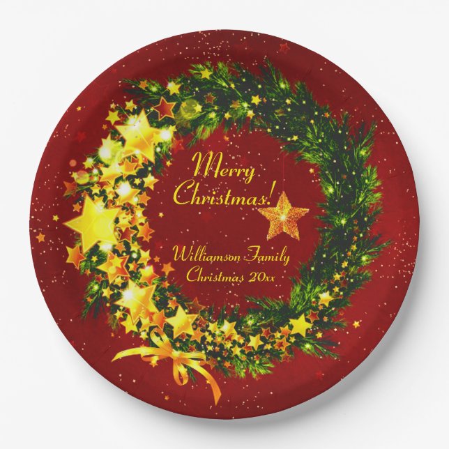 Plato De Papel Añadir nombre a Navidades de año 20xx Wreath de or (Anverso)
