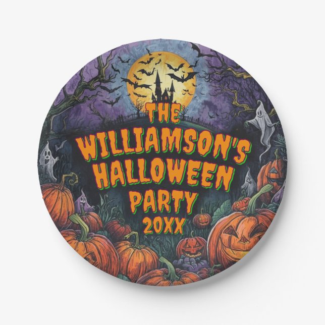 Plato De Papel Añadir nombre año fiesta de Halloween 7" (Anverso)