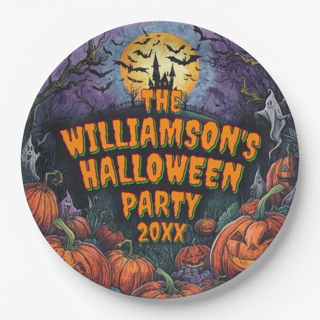Plato De Papel Añadir nombre año fiesta de Halloween 9" (Anverso)