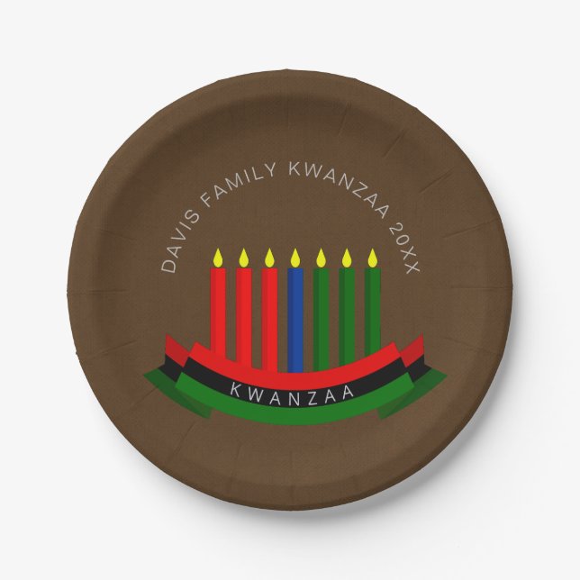 Plato De Papel Añadir nombre año Velas de Kwanzaa 7" (Anverso)
