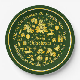 Plato De Papel Añadir nombre cambiar texto Navidades verdes dorad