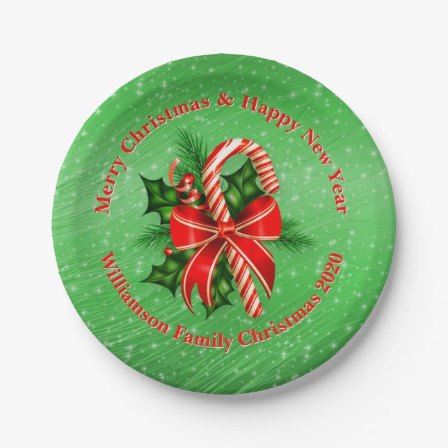 Plato De Papel Añadir nombre cambiar texto verde rojo Navidades 7 (Anverso)