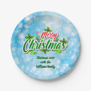 Plato De Papel Añadir nombre coincidente Feliz Navidad Azul 7"