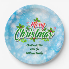 Plato De Papel Añadir nombre coincidente Feliz Navidad Azul 9"