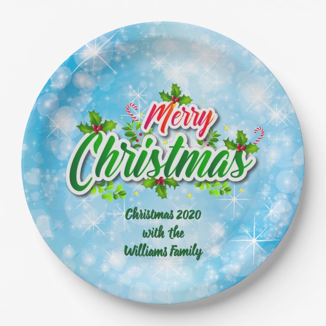 Plato De Papel Añadir nombre coincidente Feliz Navidad Azul 9" (Anverso)