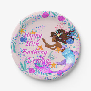 Plato De Papel Añadir nombre de texto Mermaid Pink Mauve Aqua Fie