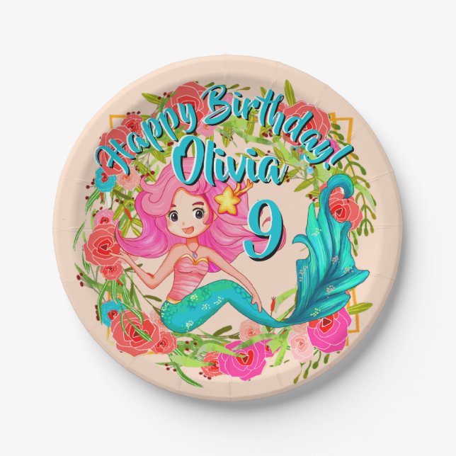 Plato De Papel Añadir nombre edad Pink Mermaid Blue Tail Birday P (Anverso)