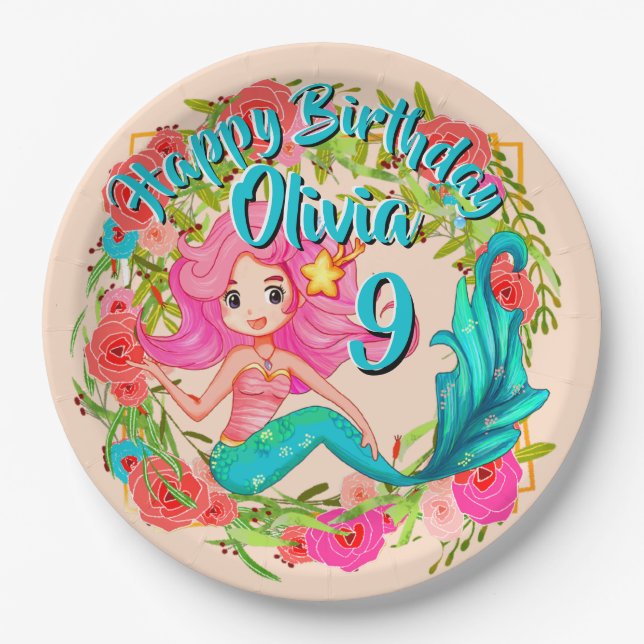 Plato De Papel Añadir nombre edad Pink Mermaid Blue Tail Birday P (Anverso)