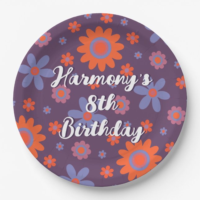 Plato De Papel Añadir nombre feliz Flores retro 70 Daisy Funny Cu (Anverso)