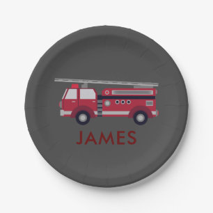 Plato De Papel Añadir tu nombre camión de bomberos rojos personal