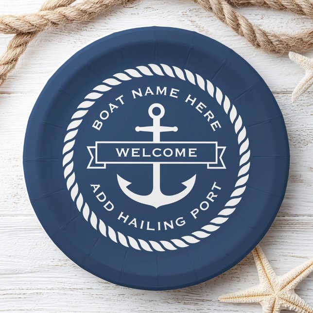 Plato De Papel Anchor and rope boat name hailing port welcome (Anchor and rope boat name hailing port welcome paper plates)