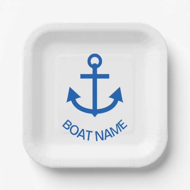 Plato De Papel Anchor Azul Personalizado Tu Nombre De Barco Blanc (Anverso)