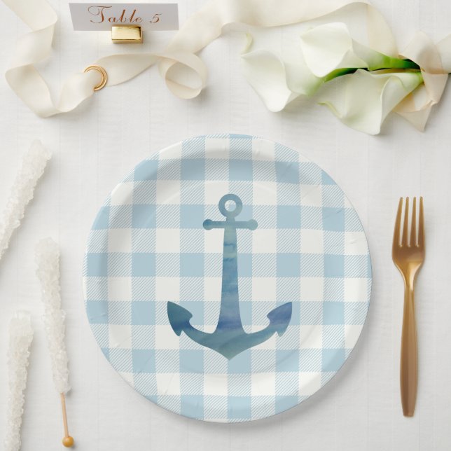 Plato De Papel Anchor Sailboat Nautical Blue Gingham Check (Boda)