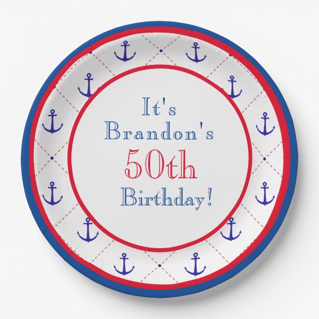 Plato De Papel Anchors Away Red White Blue 50 cumpleaños (Anverso)