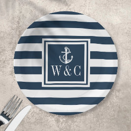 Plato De Papel Ancla de barco náutico monograma franja azul marin
