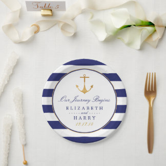 Plato De Papel Ancla de oro náutico vintage, Boda de Marina y Oro