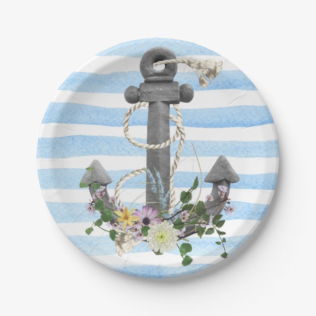 Plato De Papel ancla náutica con ramo de flores (Anverso)