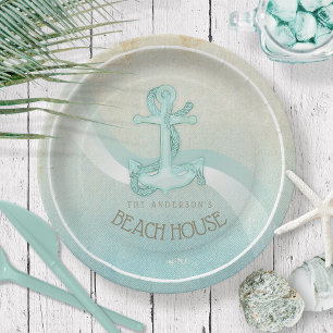 Plato De Papel Ancla náutica de Beach House y Rope Aqua ID623