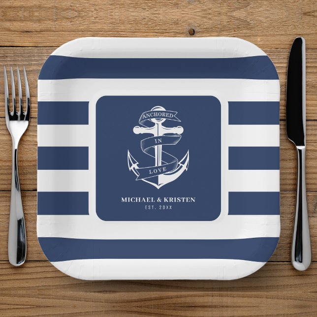 Plato De Papel Anclado con amor Nautical Blue Anchor Strin (Anchored in Love Nautical Blue Anchor Striped Paper Plates
)