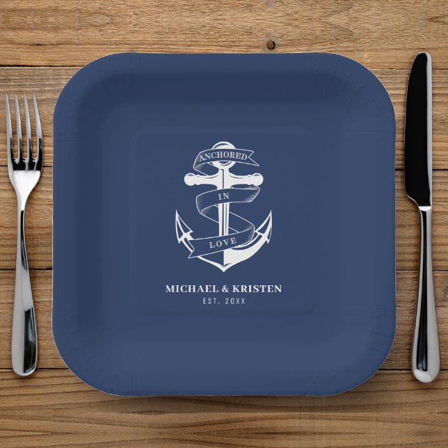 Plato De Papel Anclado por amor Boda de Anclaje Azul Náutico (Anchored in Love Nautical Blue Anchor Wedding Paper Plates
)