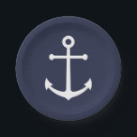 Plato De Papel Anclaje azul de la Marina Náutica<br><div class="desc">La moderna placa Minimalista de papel con ancla blanca sobre fondo azul marino.

Ideal para fiestas en la playa,  fiesta de verano y cualquier ocasión especial.</div>